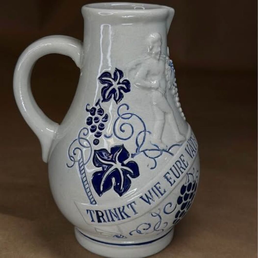 Vintage German Stoneware Wine Jug “Trinkt Wie Eure Väter” Cobalt Blue Relief